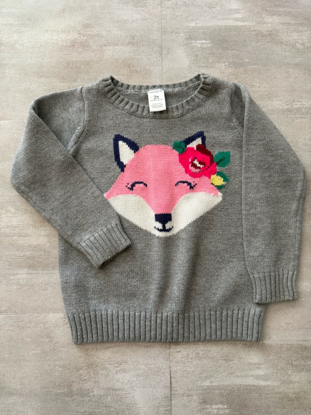 Carter's Gray Sweater with Pink Fox and Floral Accent 2T